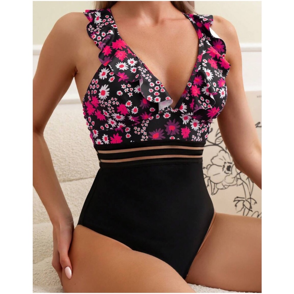Boho Floral Print Ruffle Criss Cross Monokini One Piece Swim - Picture 8 of 11